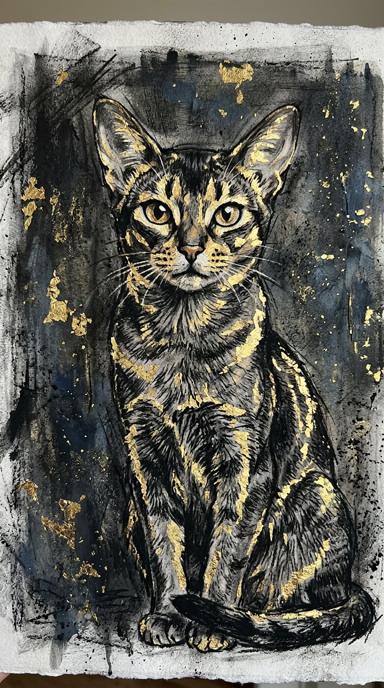 A detailed illustration of an Abyssinian cat with gold accents on a dark background