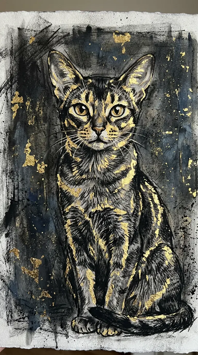 Artistic depiction of an Abyssinian cat with striking features
