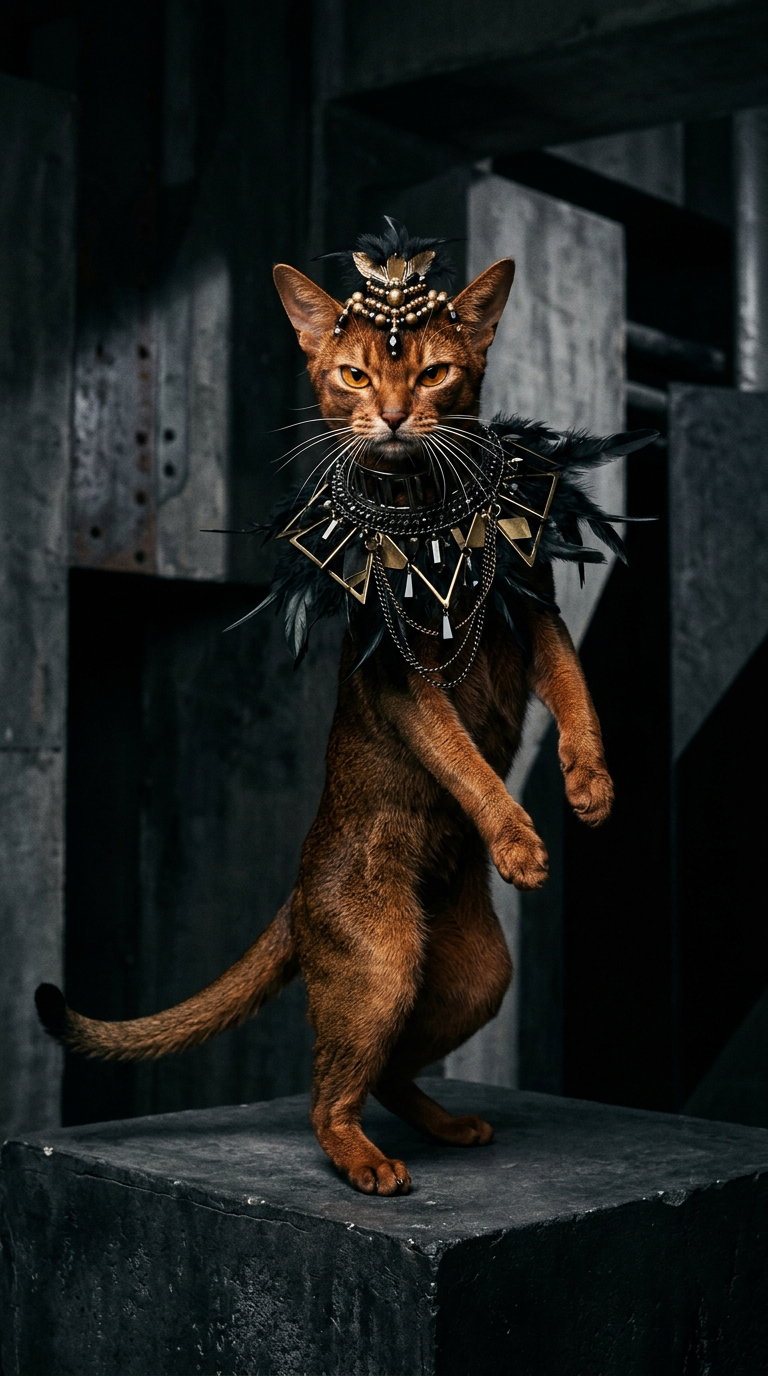 A stylish Abyssinian cat wearing a decorative collar and accessories
