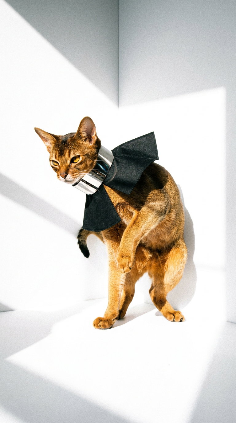 Abyssinian cat with a black and silver collar, standing in sunlight