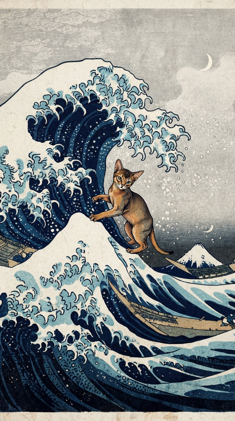 An Abyssinian cat riding a wave with mountains and a moon in the background