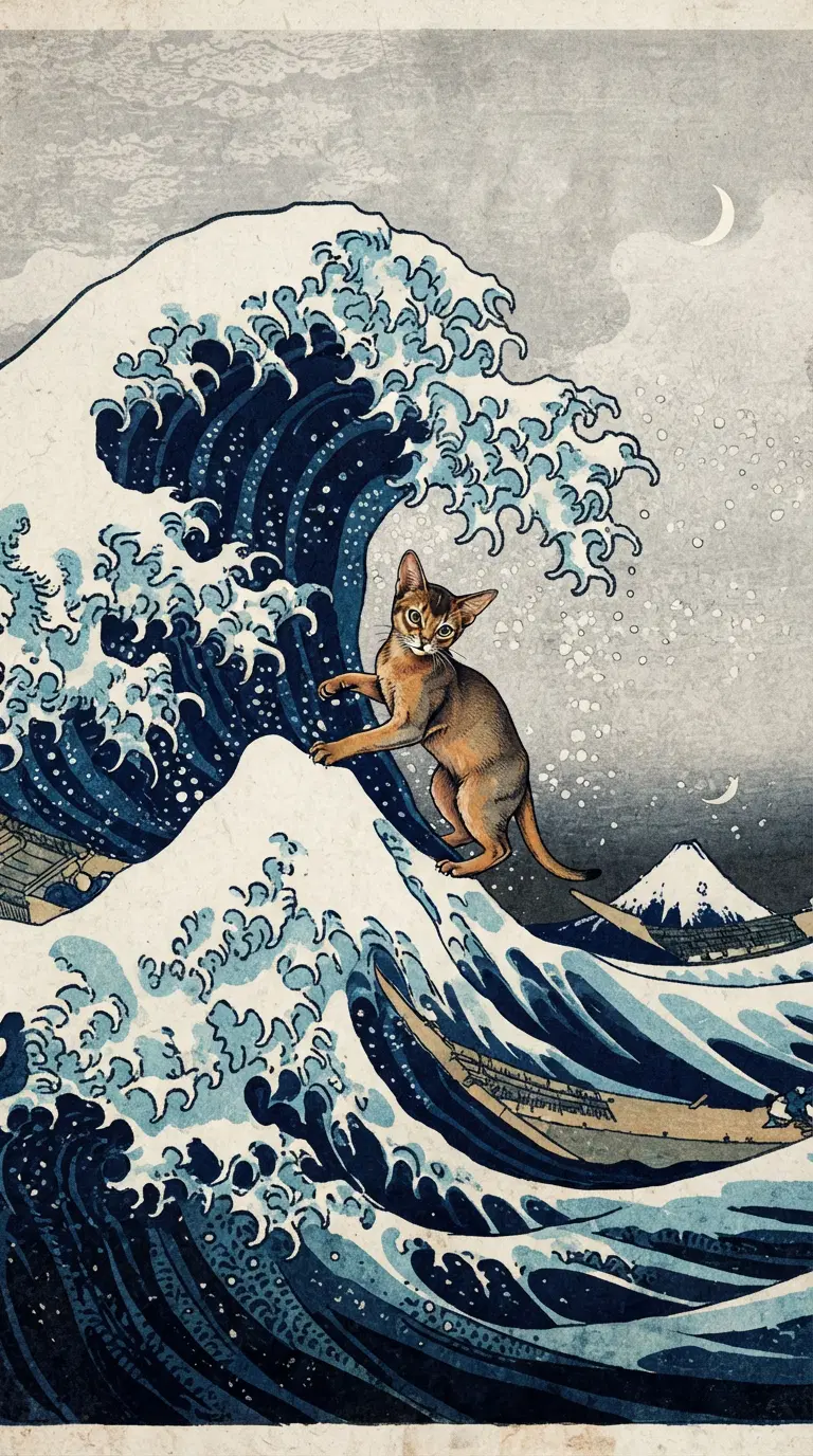 A stylized depiction of an Abyssinian cat surfing a wave