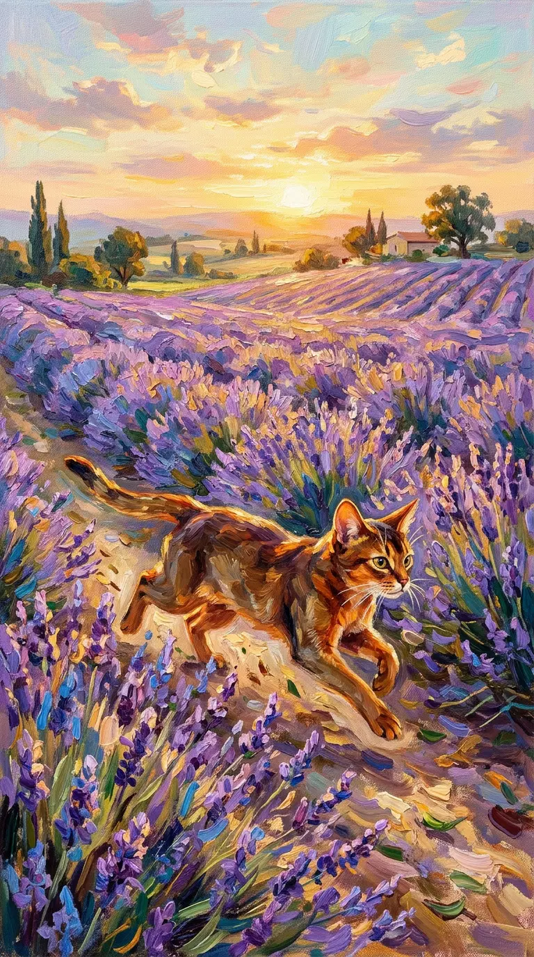 Abyssinian Cat Running Through a Lavender Field at Sunset