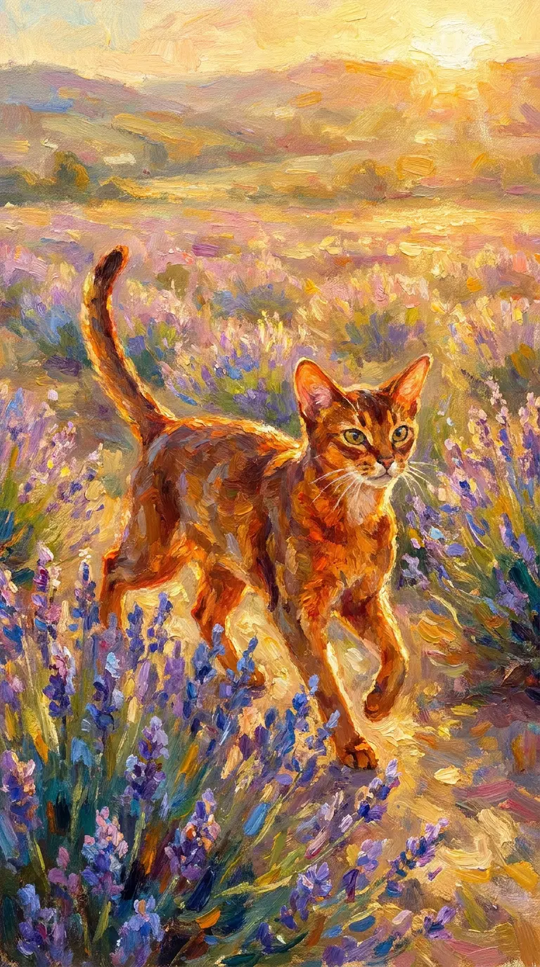 A Beautiful Abyssinian Cat Roaming Through Lavender Fields