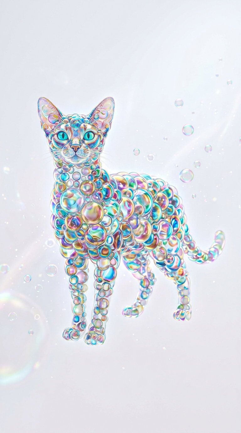 A shiny, bubble-covered cat resembling an Abyssinian, standing with an ethereal background.