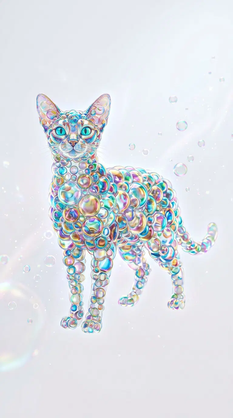 A whimsical representation of an Abyssinian cat made of bubbles