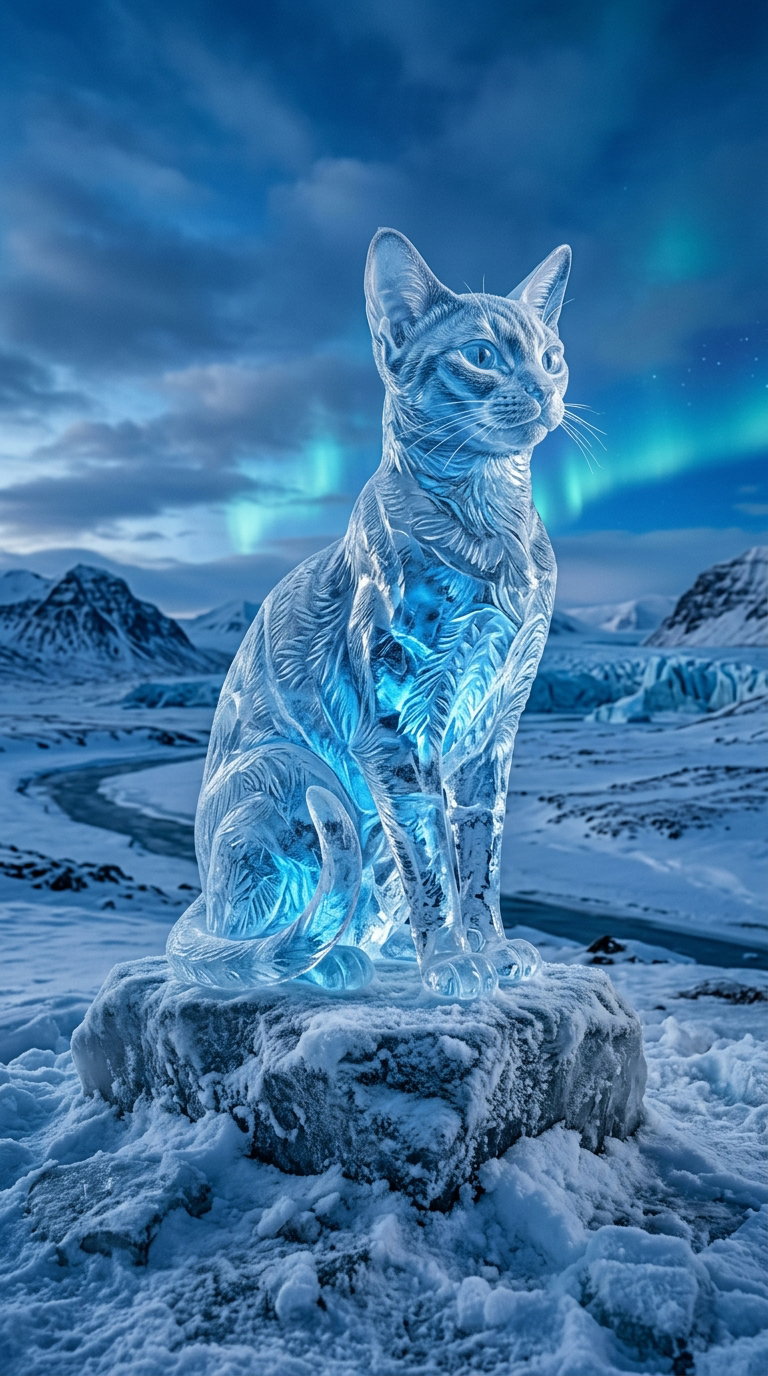 An ice sculpture of a cat resembling an Abyssinian is placed on snow, surrounded by a mountain landscape and northern lights.