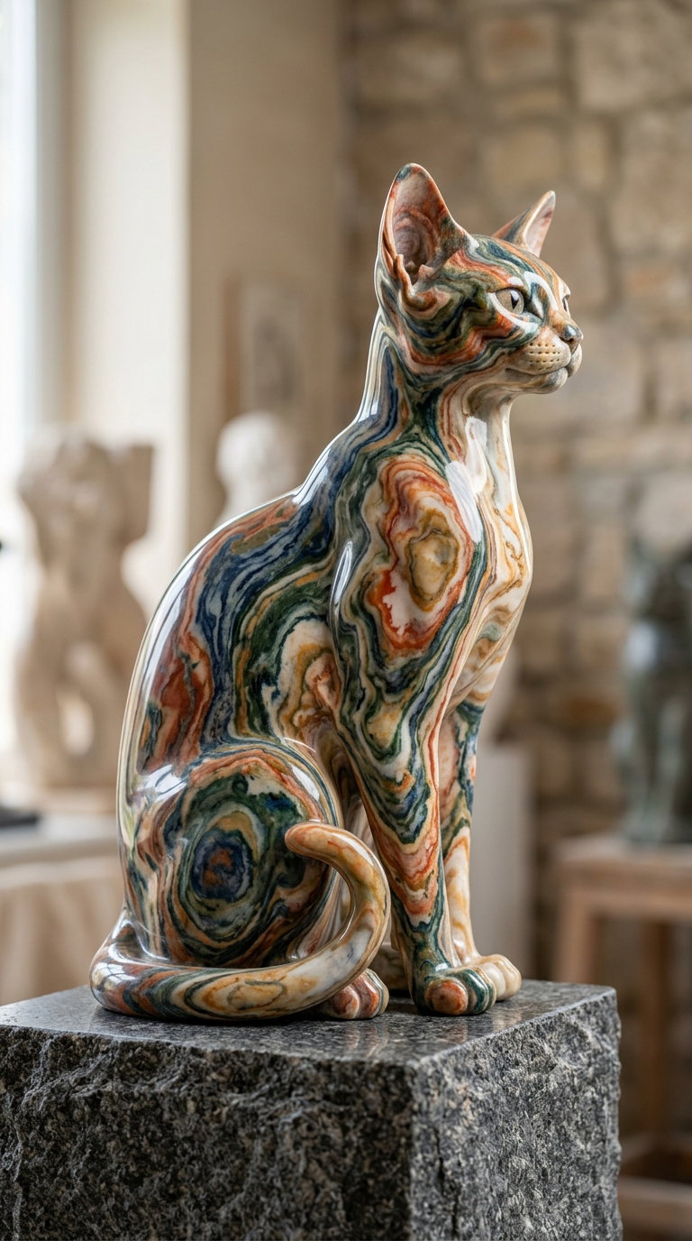 A detailed porcelain sculpture of a cat with colorful swirls, seated on a stone pedestal.
