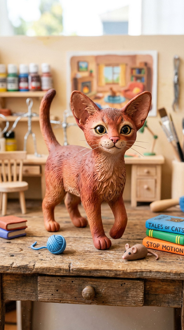 A detailed figurine of an Abyssinian cat on a wooden table with books, a yarn ball, and a mouse toy.