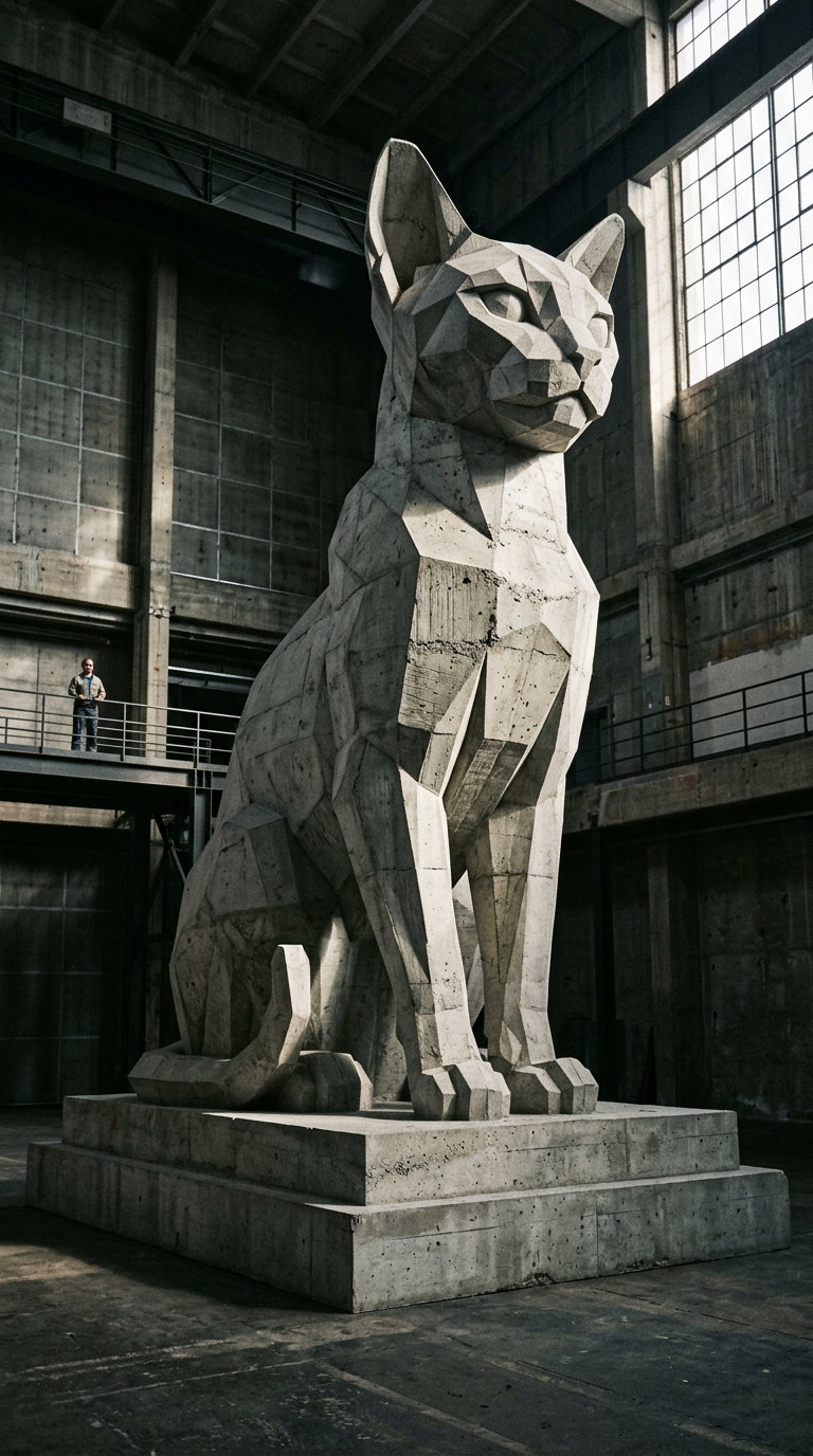 A monumental cat sculpture made of concrete in a warehouse setting