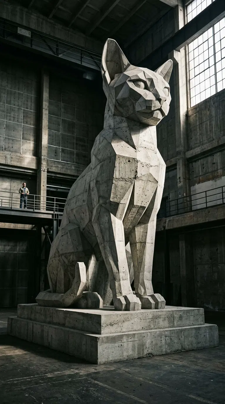 Large Abstract Sculpture of a Cat in an Industrial Space
