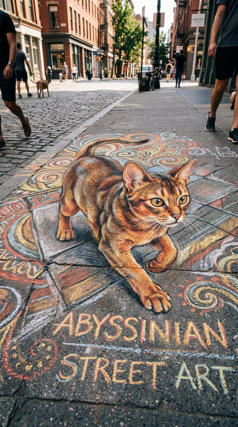 A detailed chalk drawing of an Abyssinian cat on a street pavement