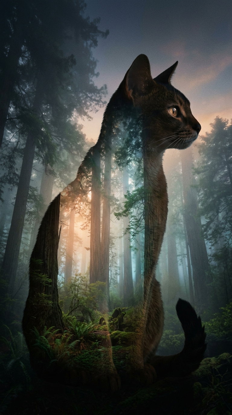 An artistic image combining the silhouette of a dark cat with a forest scene featuring trees and mist.