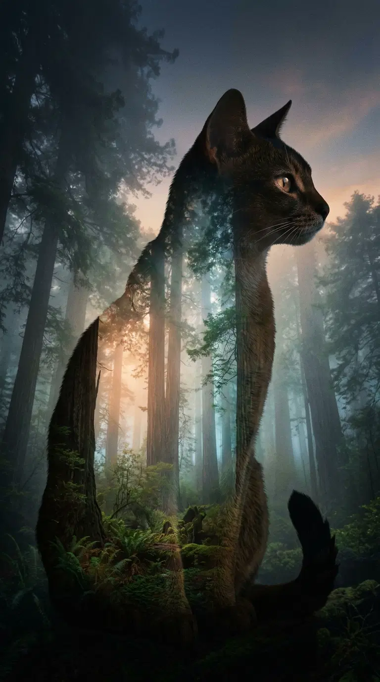 A serene blend of an Abyssinian cat and a misty forest landscape
