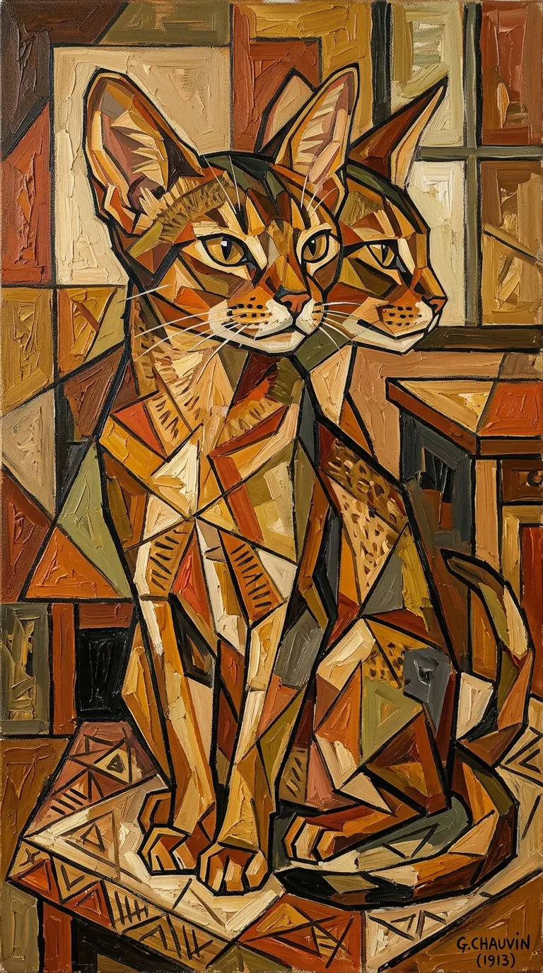 Cubist Painting of Two Abstract Abyssinian Cats in Geometric Style
