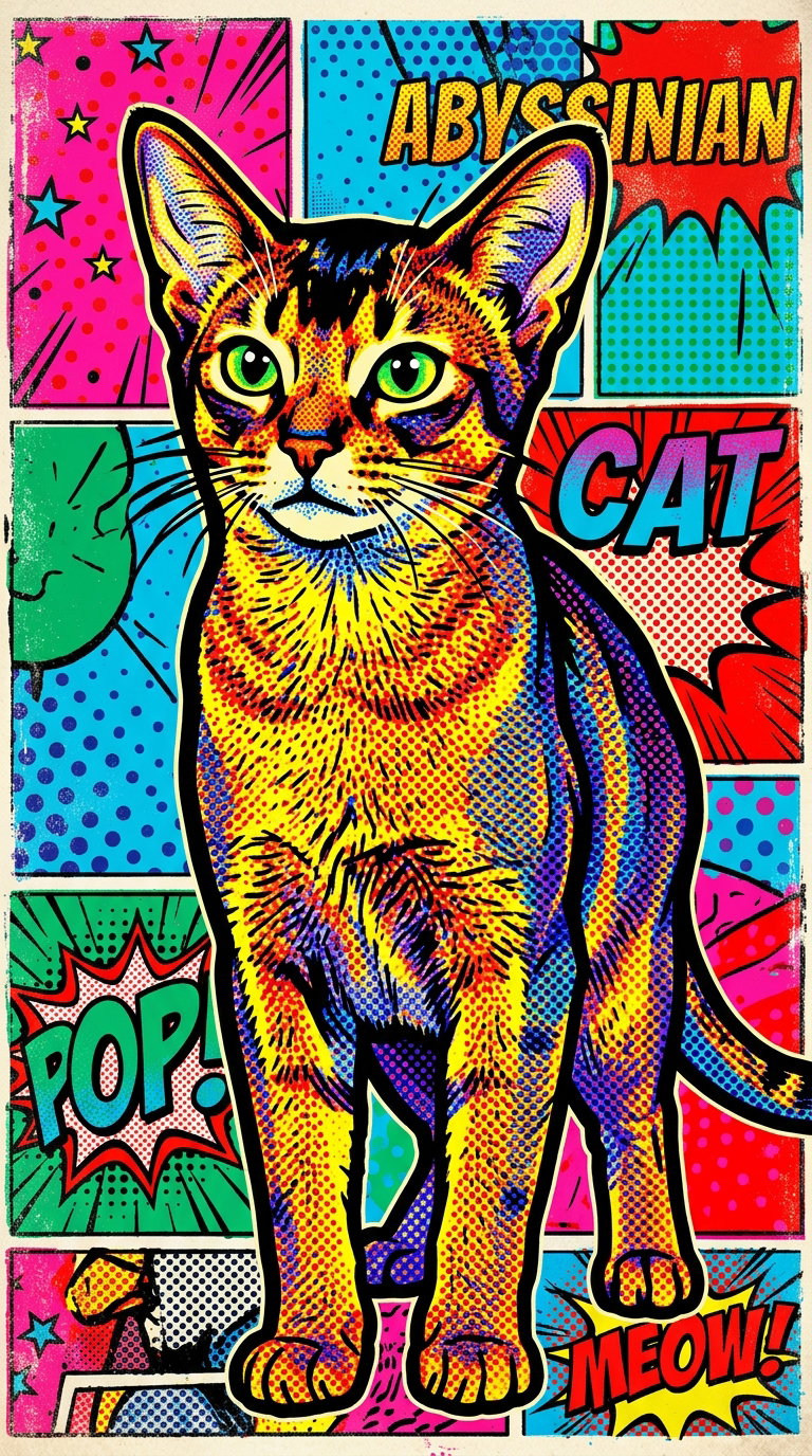 A vibrant pop art illustration of an Abyssinian cat standing upright.