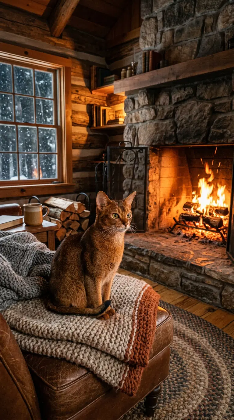 Abyssinian Cat Sitting Cozy by the Fireplace in a Rustic Cabin