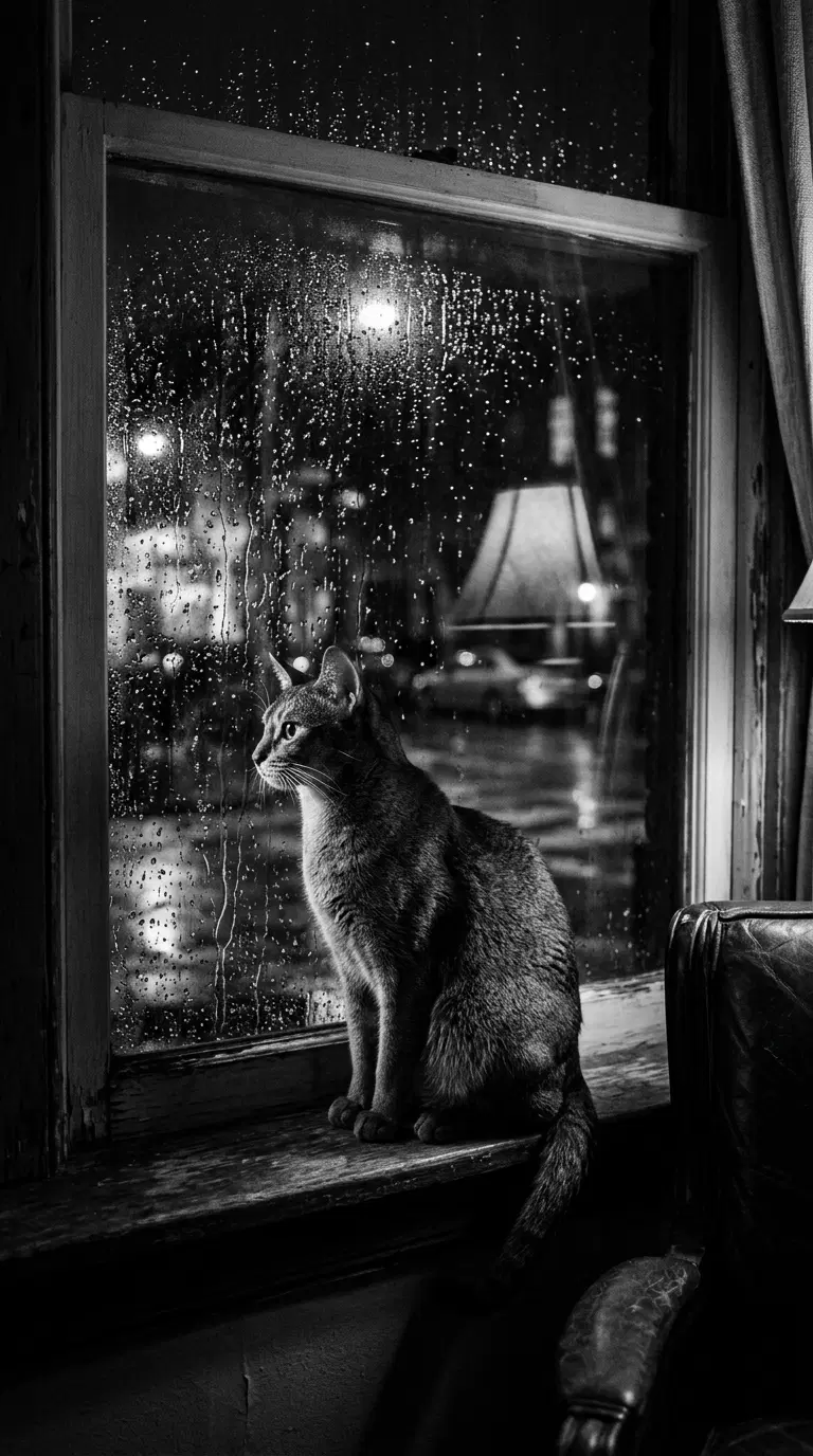 Abyssinian cat gazing out a rainy window at night