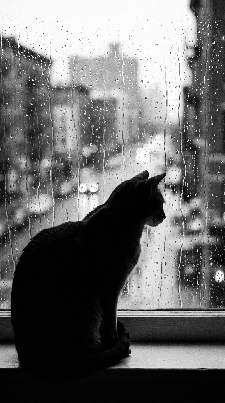 A cat sitting on a windowsill, looking out at a rainy urban scene.
