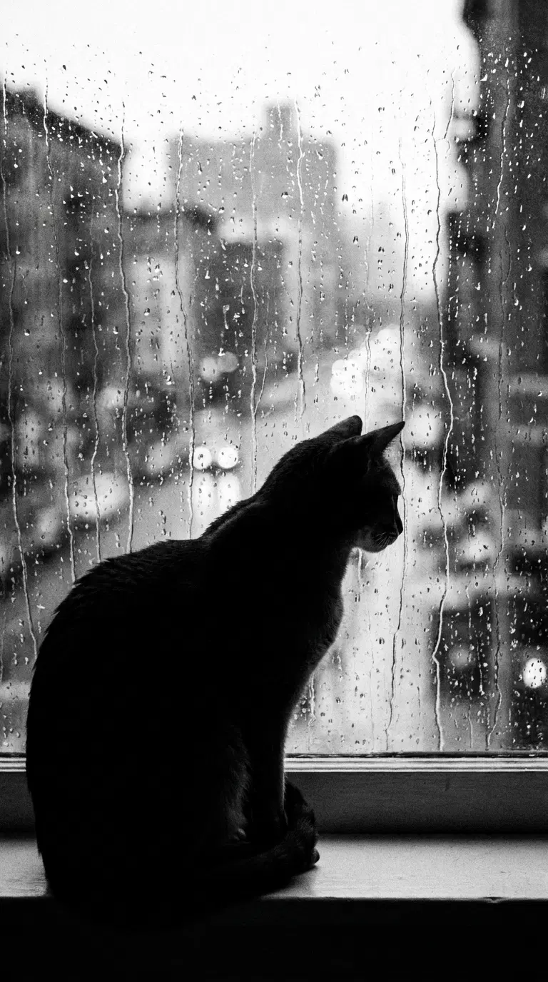 Silhouette of an Abyssinian Cat Against a Rainy Window