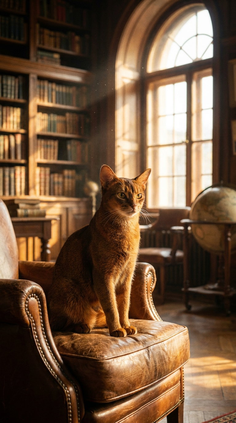 A brown Abyssinian cat sitting on a leather chair in a sunlit library.