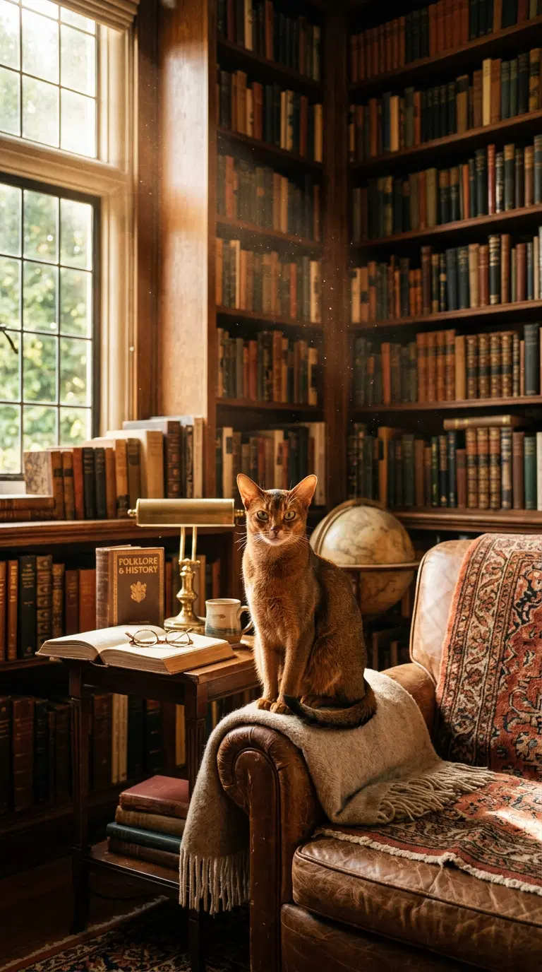 A Thoughtful Abyssinian Cat in a Cozy Library Setting