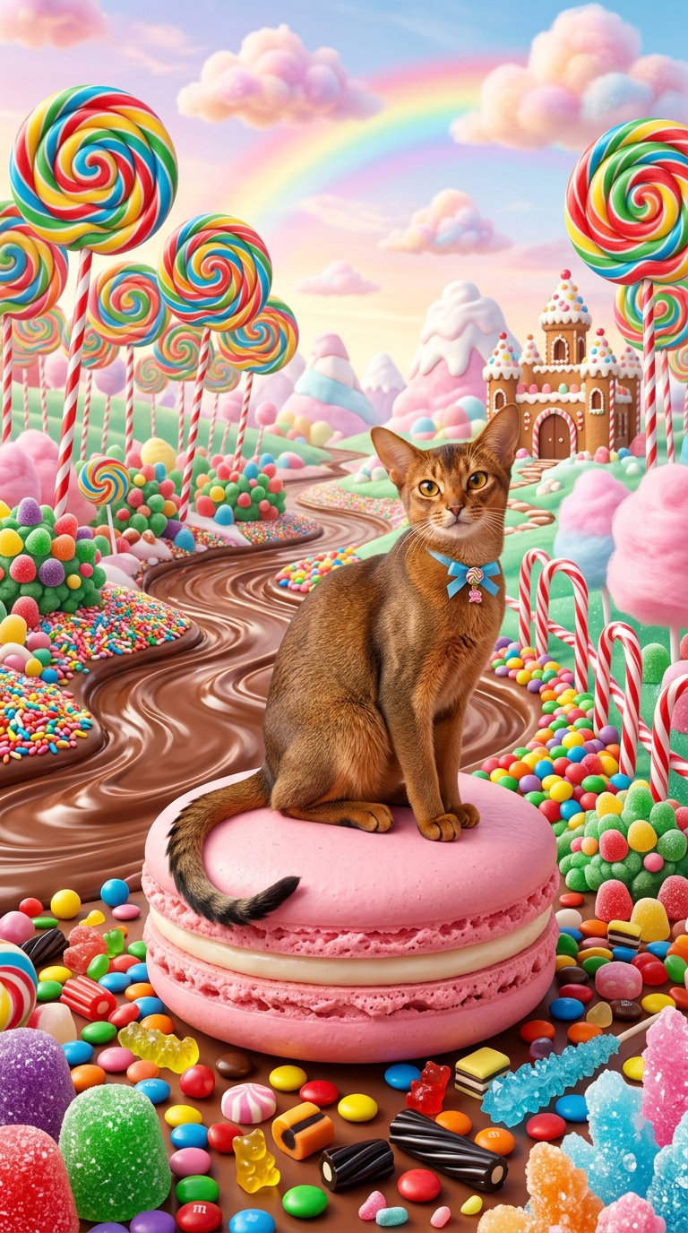 An Abyssinian cat sitting on a large pink macaron in a colorful candy landscape.