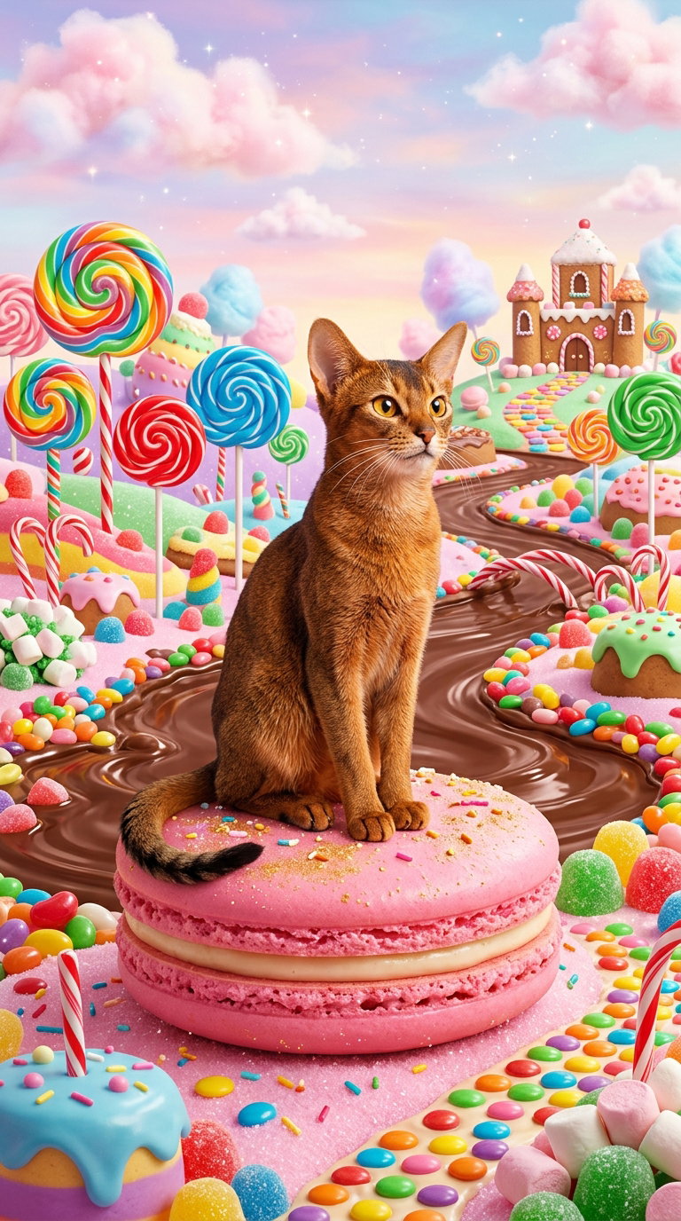 An Abyssinian cat sits on a large pink macaron surrounded by candyland scenery.
