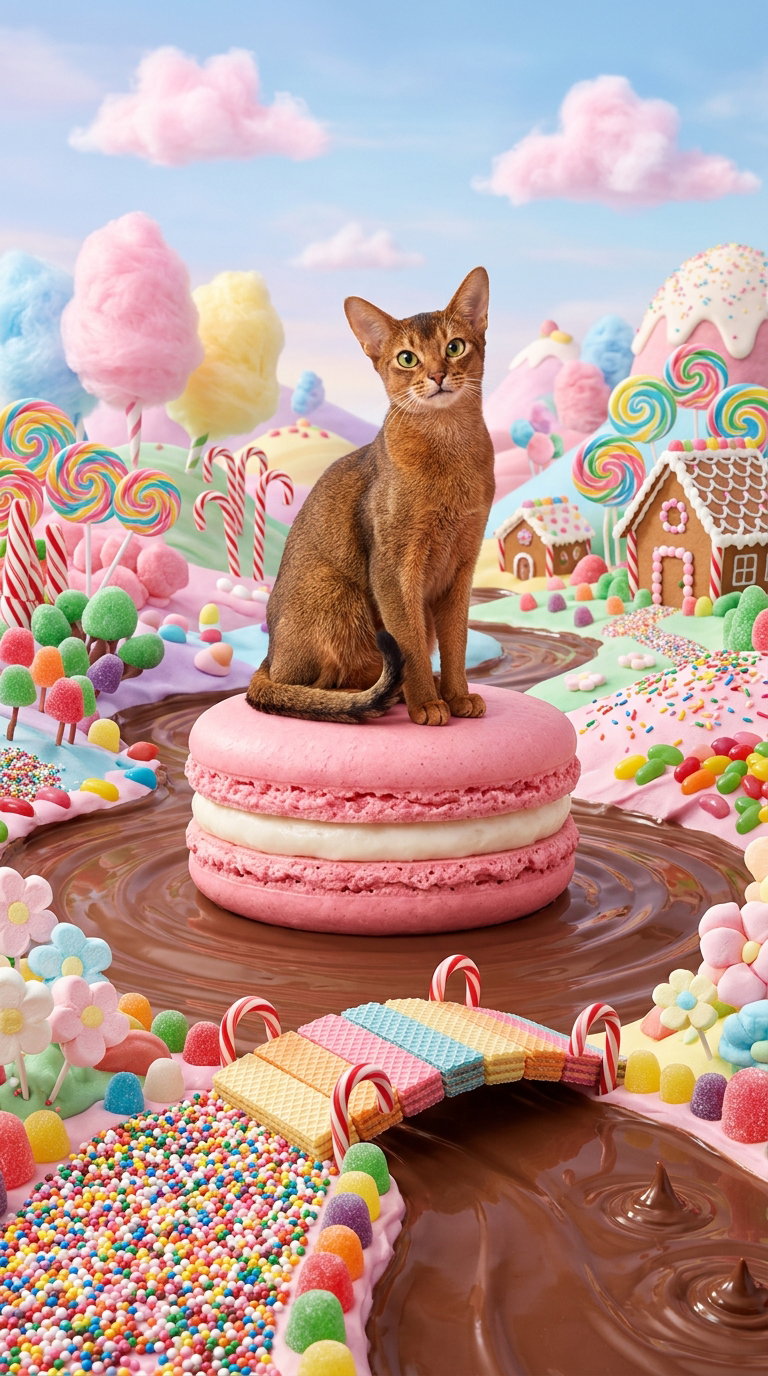 A brown Abyssinian cat sitting on a giant pink macaron surrounded by candy and sweets