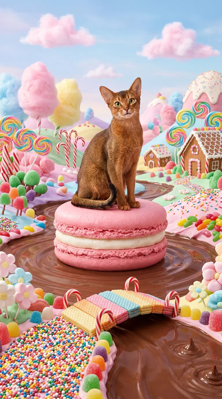 Abyssinian Cat in a Colorful Candy-Themed Landscape