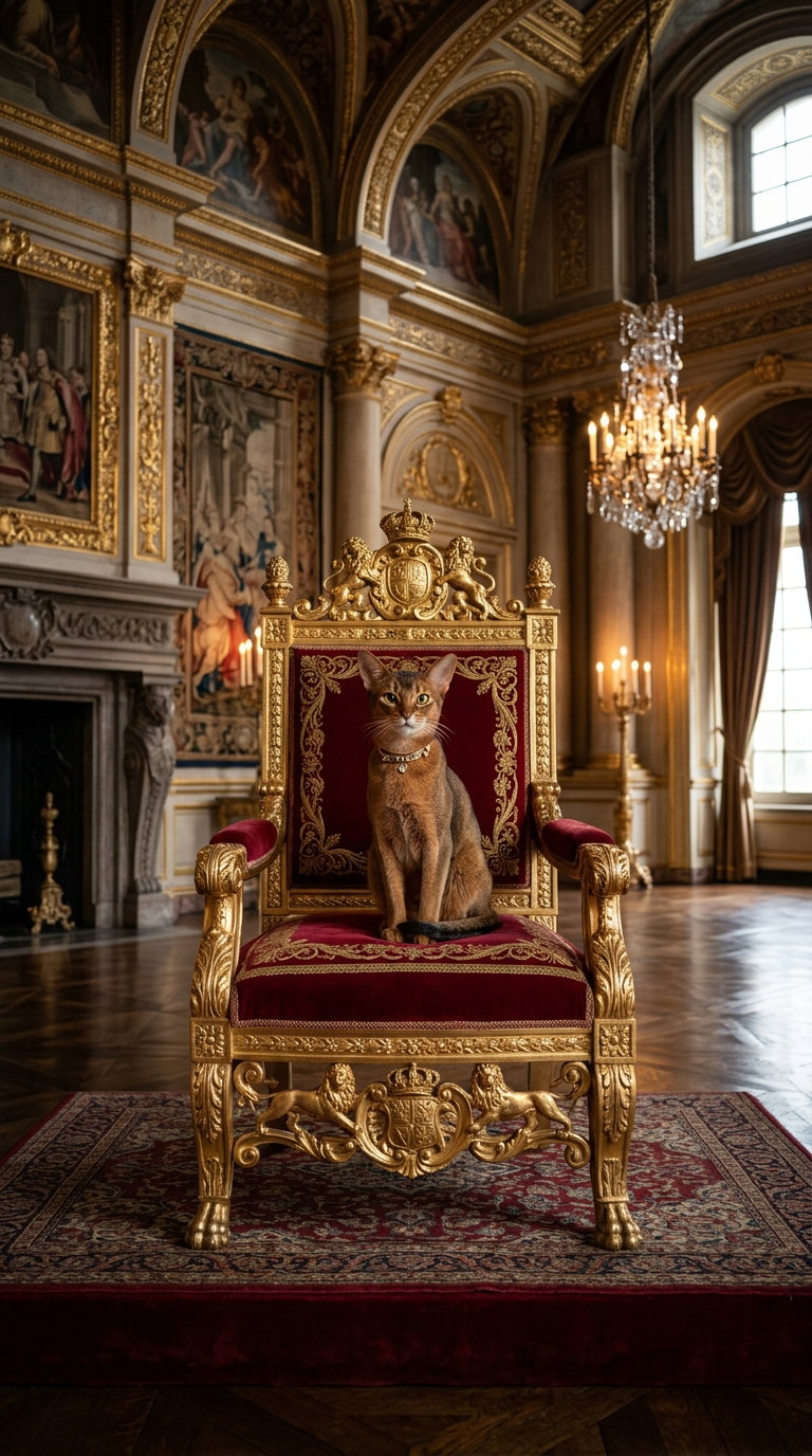 An Abyssinian cat on a richly decorated golden chair in an opulent palace interior