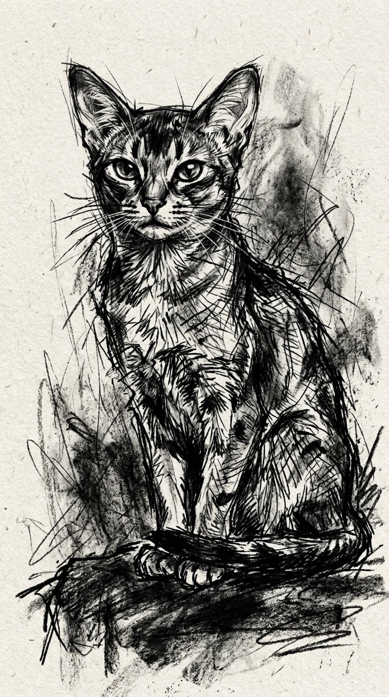 A detailed black and white sketch of a cat with prominent features and fur texture