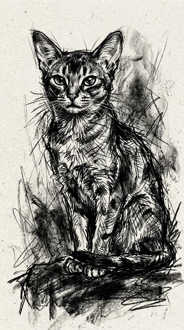 Intricate Sketch of an Abyssinian Cat on Textured Paper