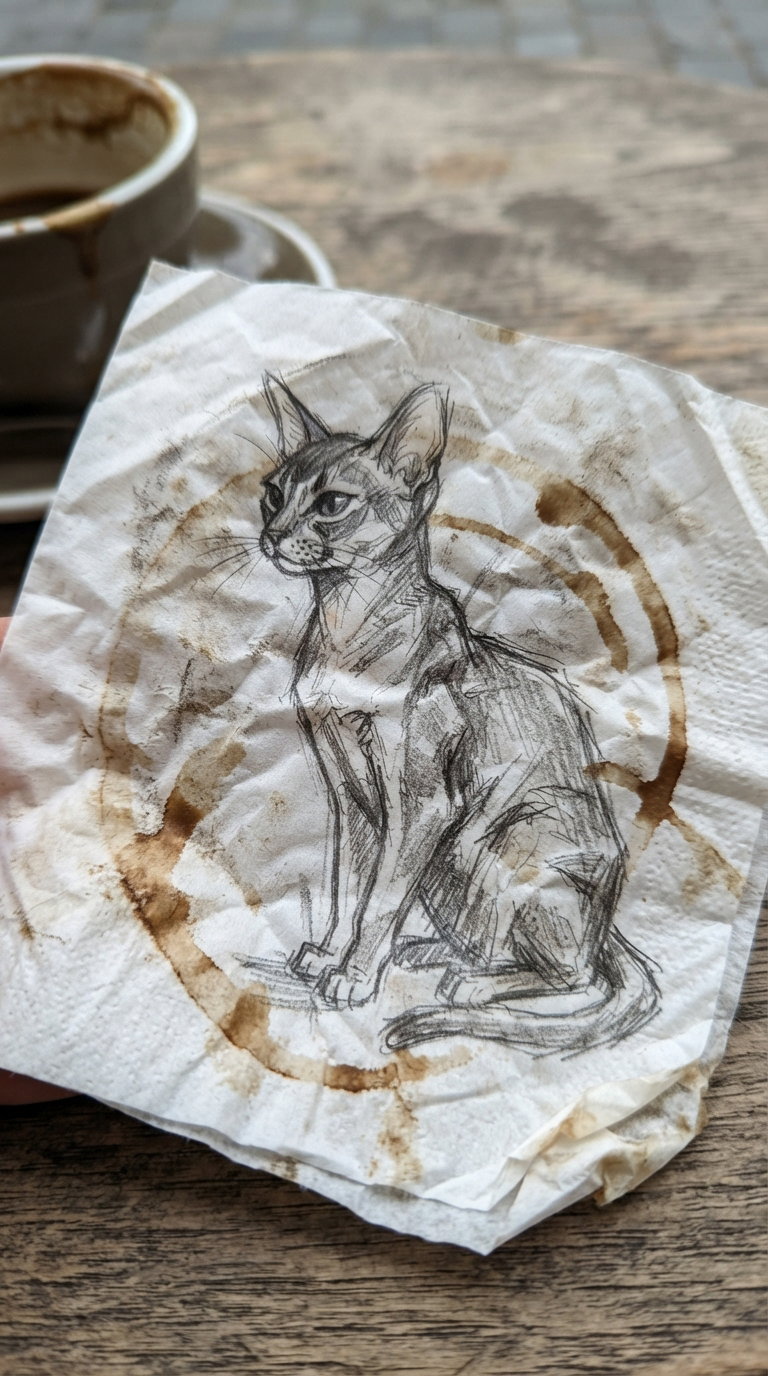 A hand-drawn sketch of a sitting cat on a stained napkin