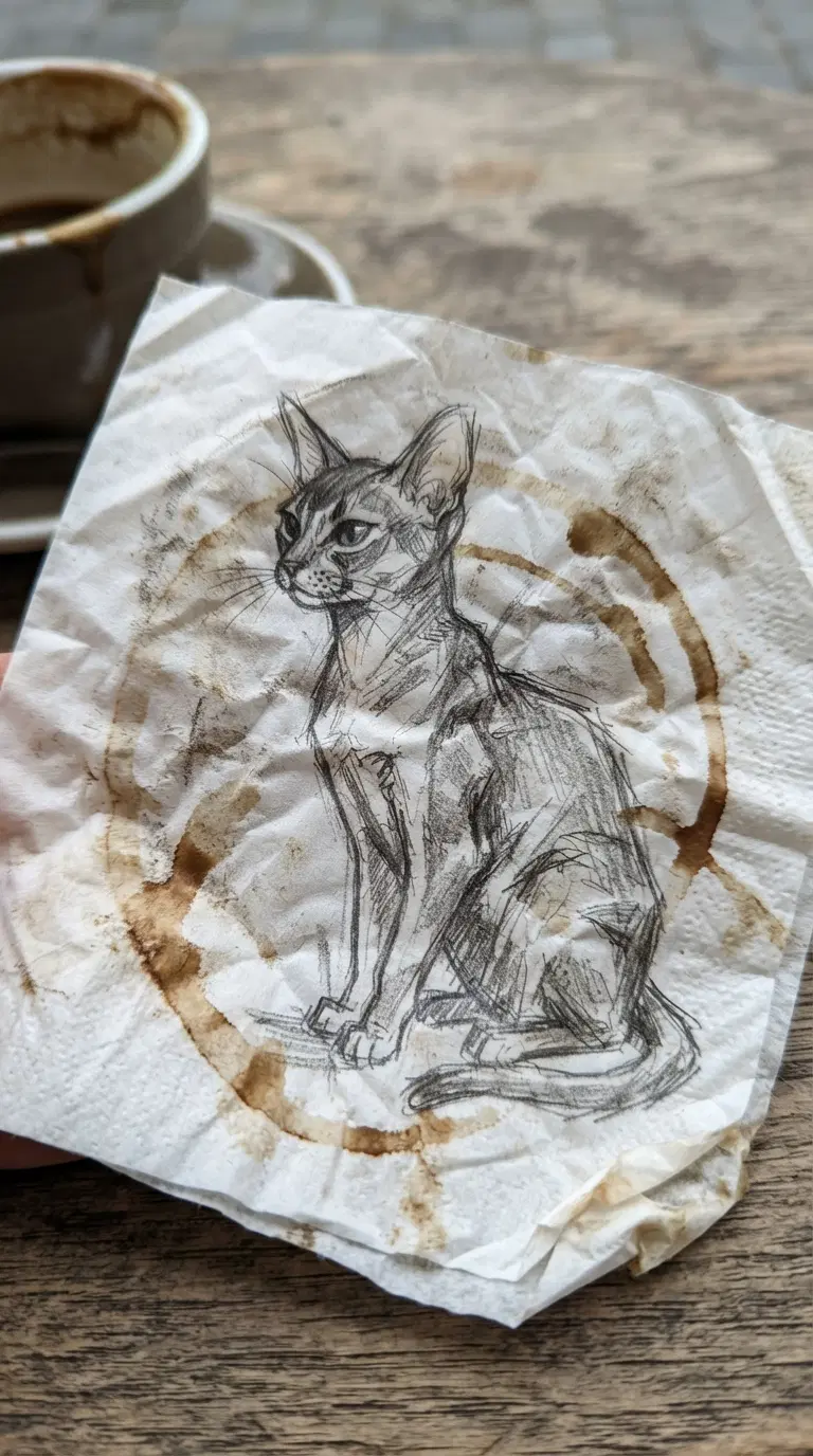 A rough sketch of an Abyssinian cat on a stained napkin