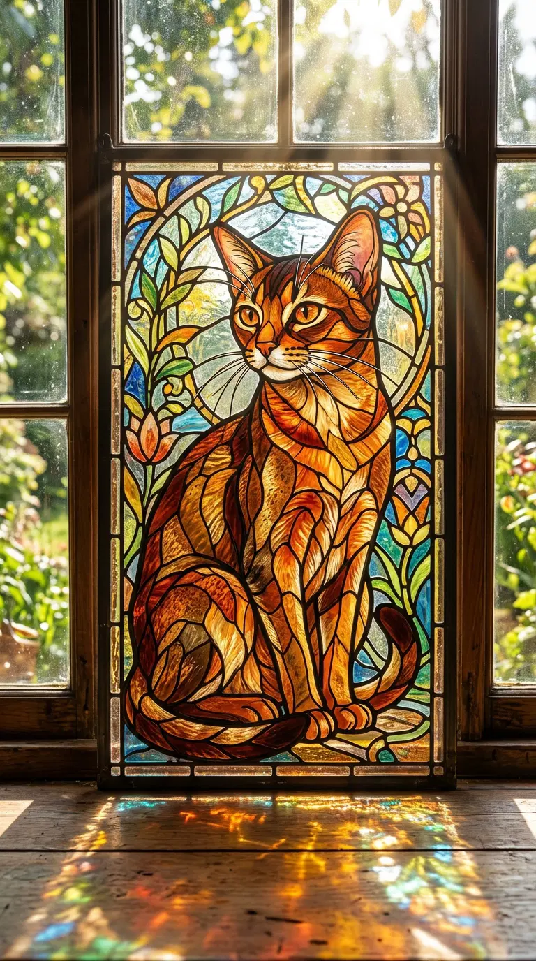 Stained Glass Artwork of an Abyssinian Cat in Sunlight