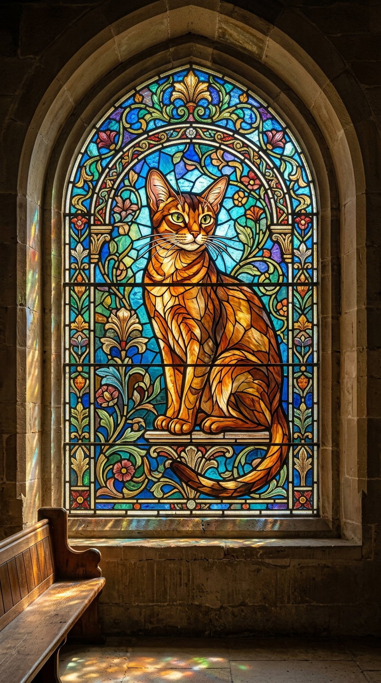 A stained glass window featuring an Abyssinian cat surrounded by floral designs.
