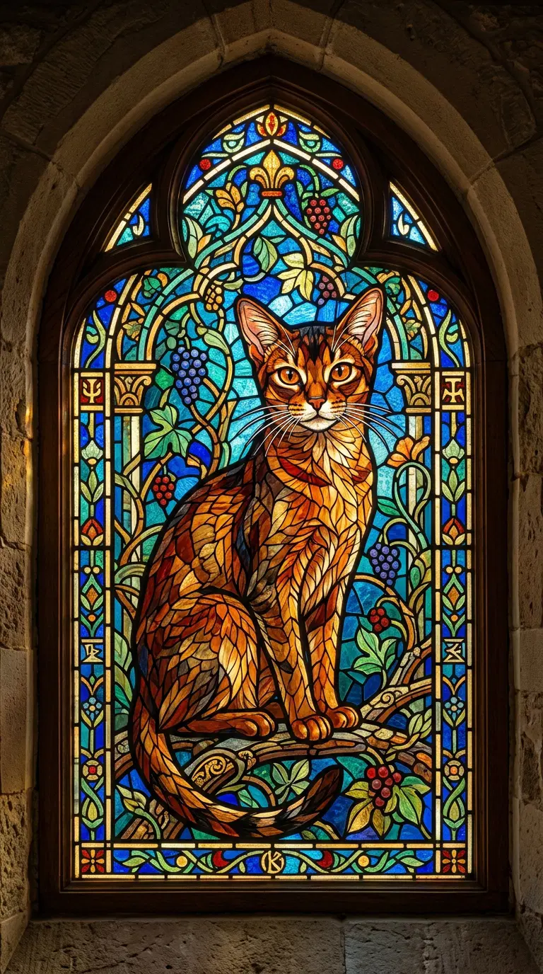 Stained Glass Depiction of an Abyssinian Cat in a Colorful Design