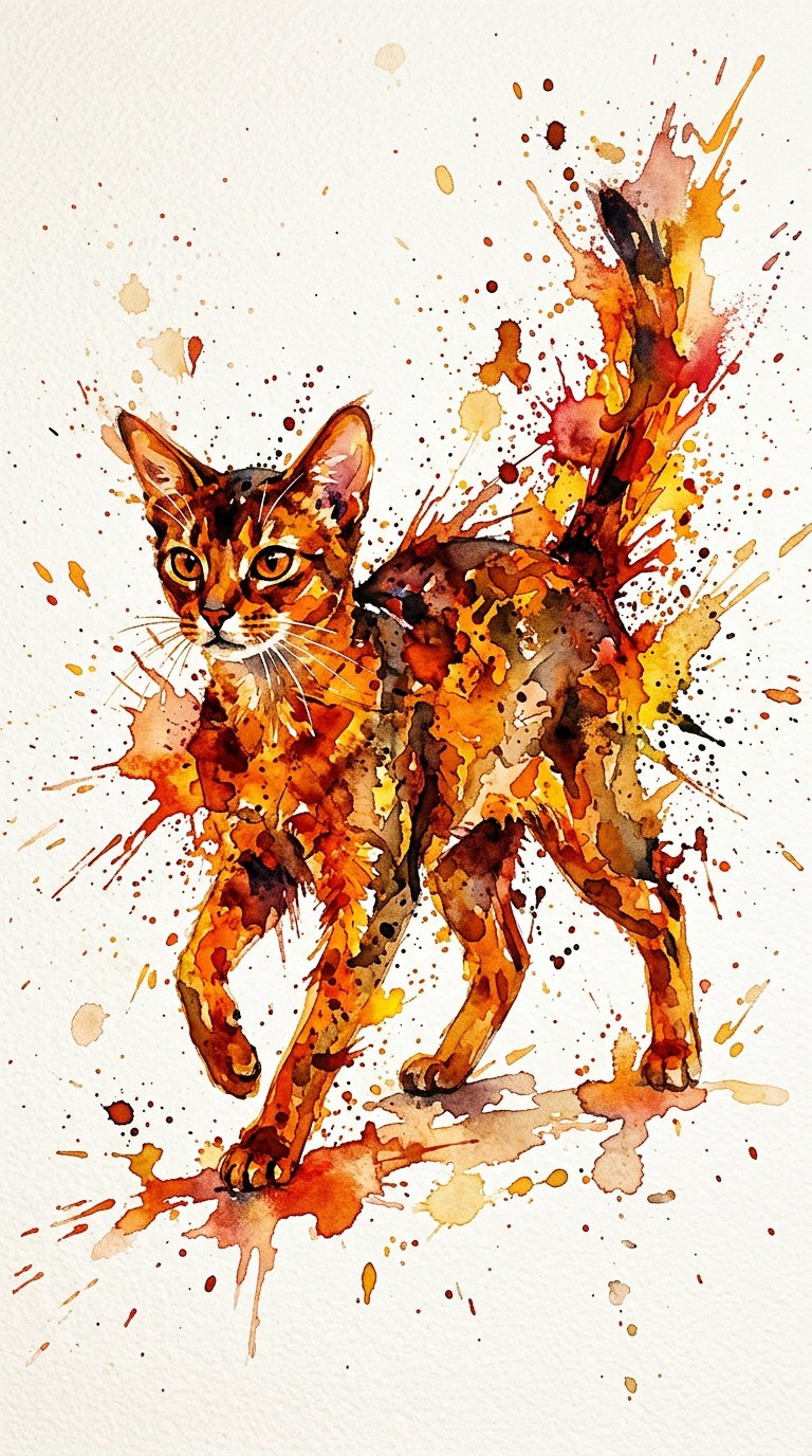 A watercolor painting of an Abyssinian cat with splashes of orange and brown paint, depicting the cat walking.