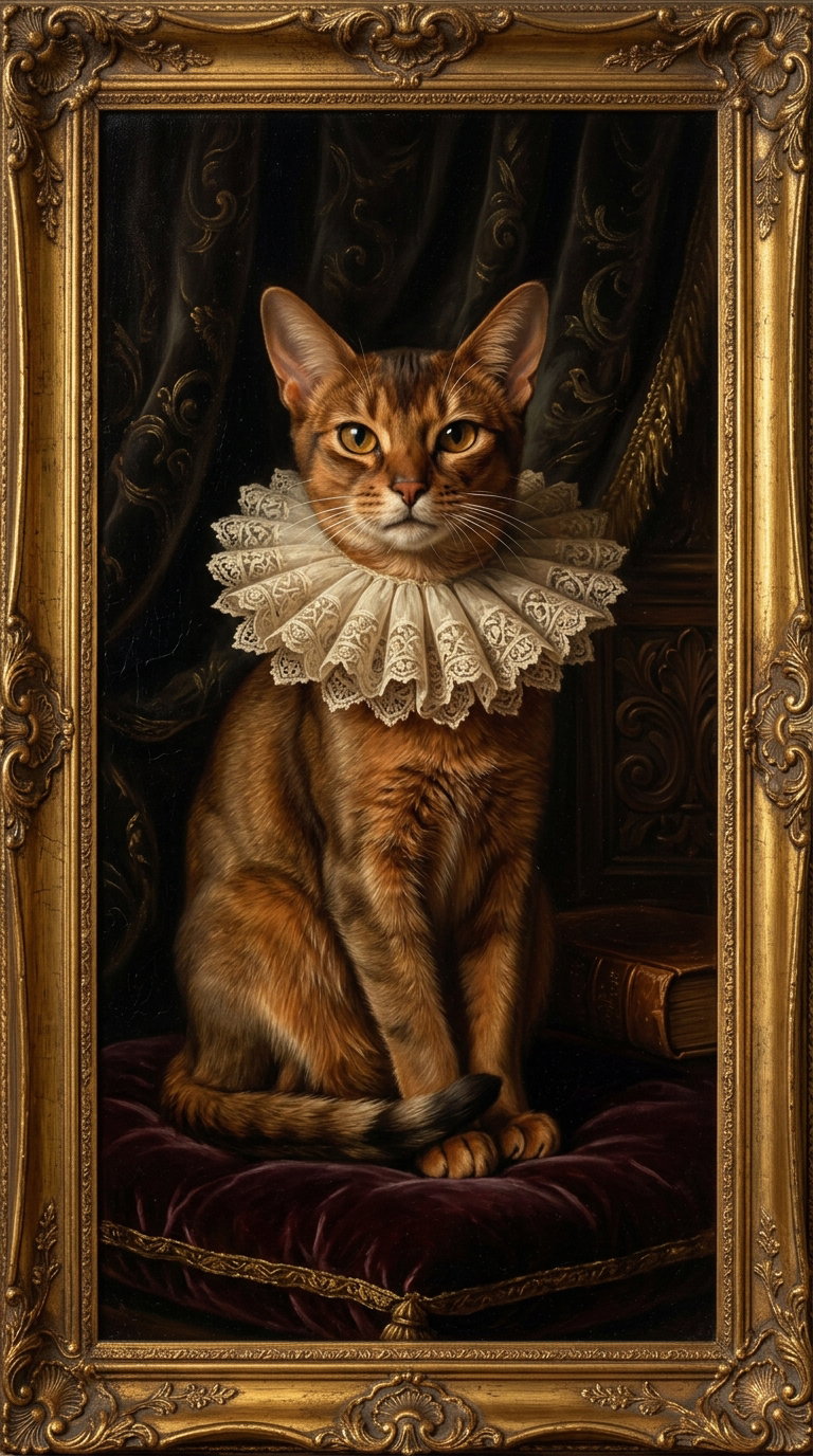 A regal Abyssinian cat wearing a lace ruff, set against a dark backdrop