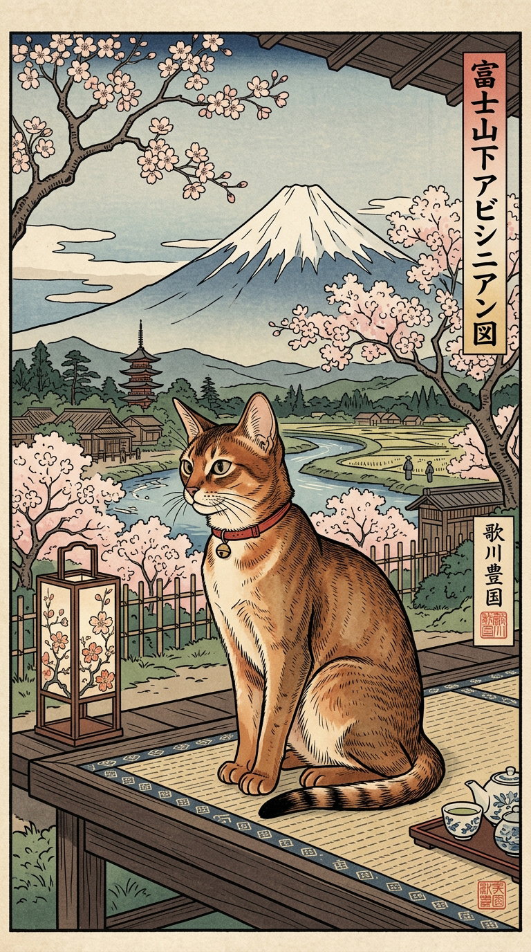 An Abyssinian cat sitting on a mat with cherry blossoms and a mountain in the background.