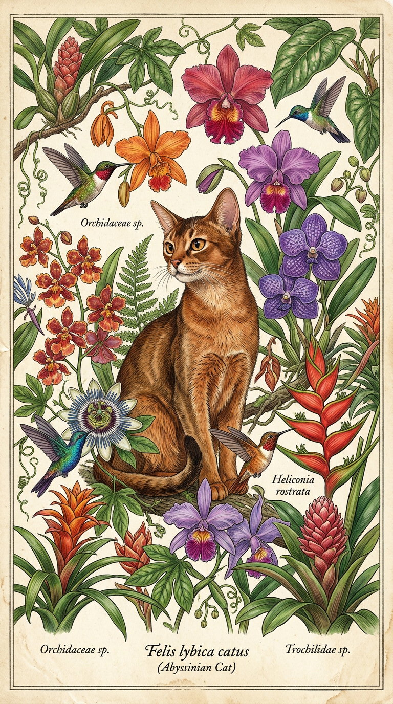 An Abyssinian cat sitting among various tropical flowers and birds.