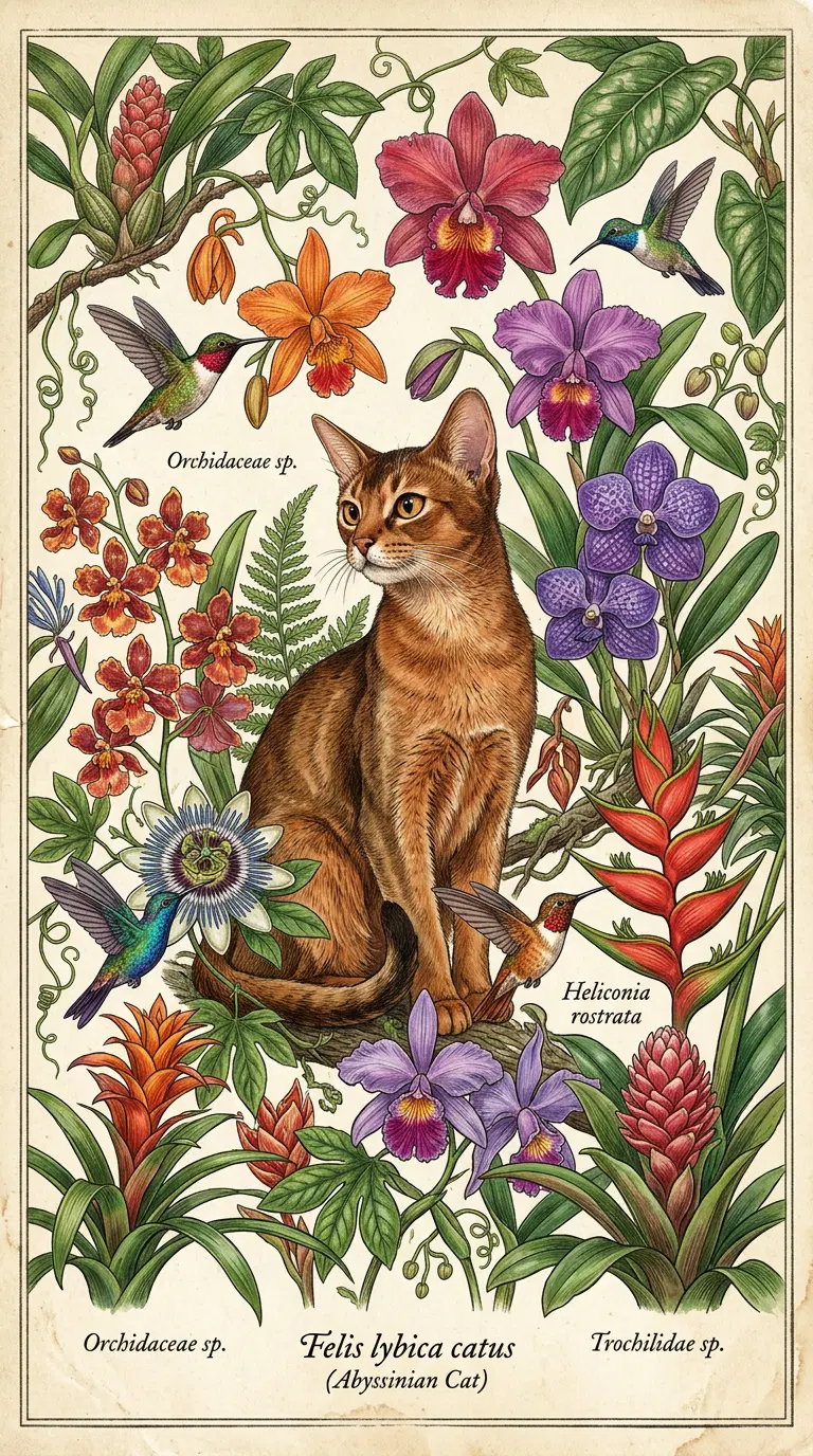 A Beautiful Abyssinian Cat Surrounded by Colorful Tropical Flowers