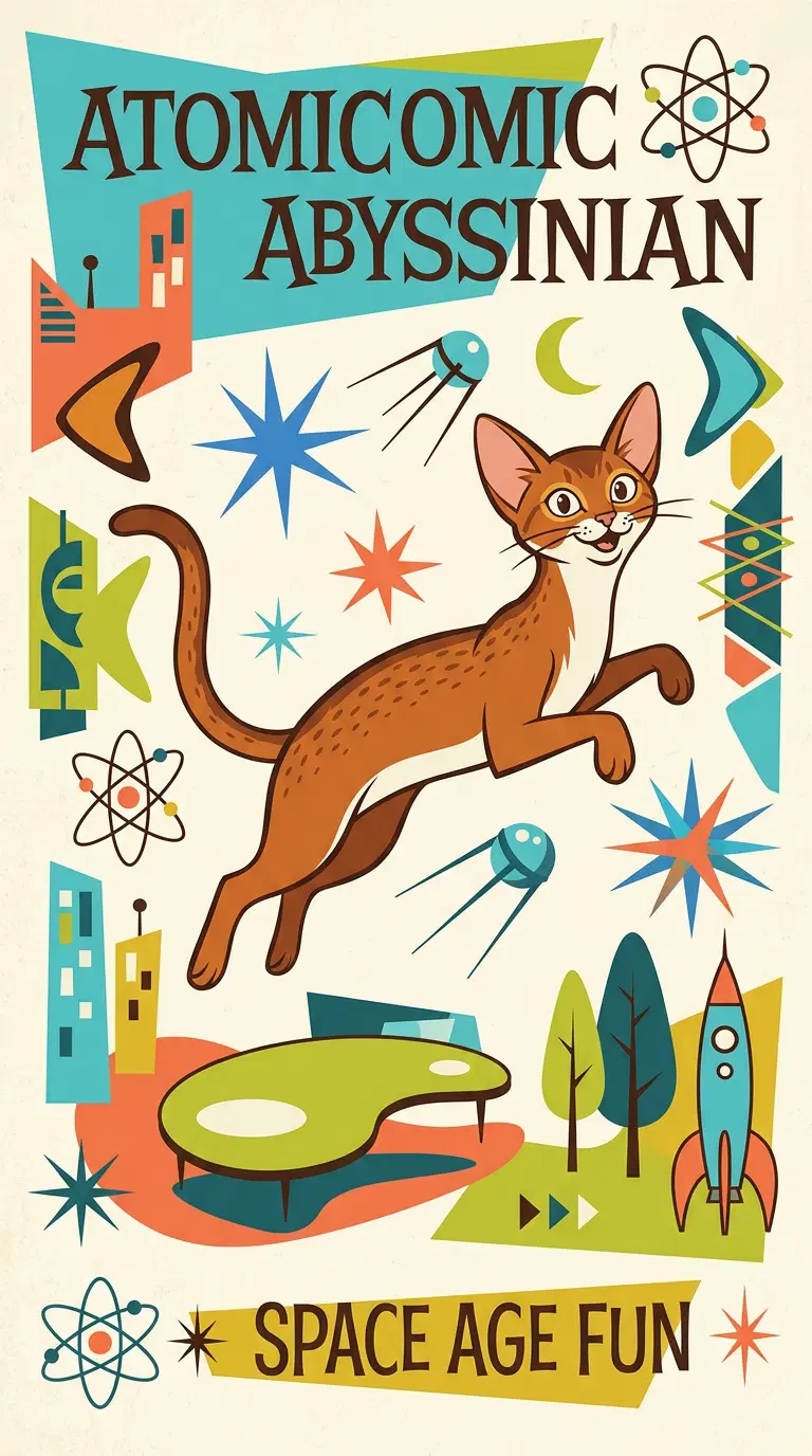 Vintage Illustration of an Abyssinian Cat in a Whimsical Setting