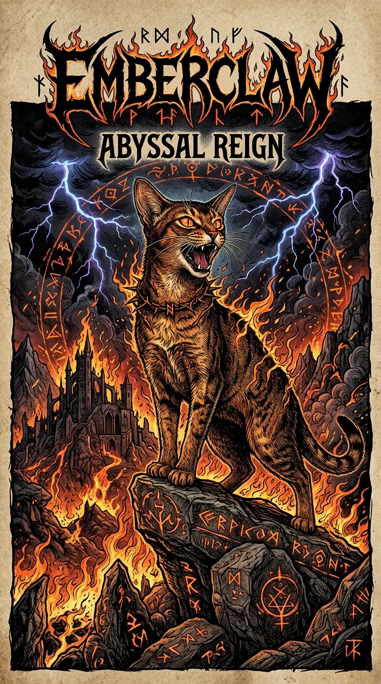 An Epic Fantasy Artwork Featuring an Abyssinian Cat Amidst Chaos