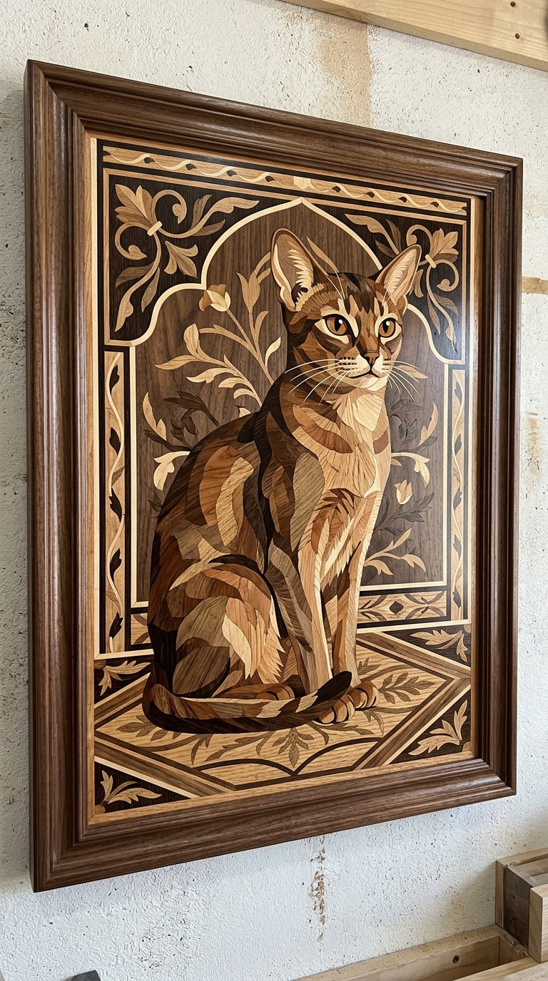A detailed wooden carving of an Abyssinian cat sitting elegantly against a floral background.