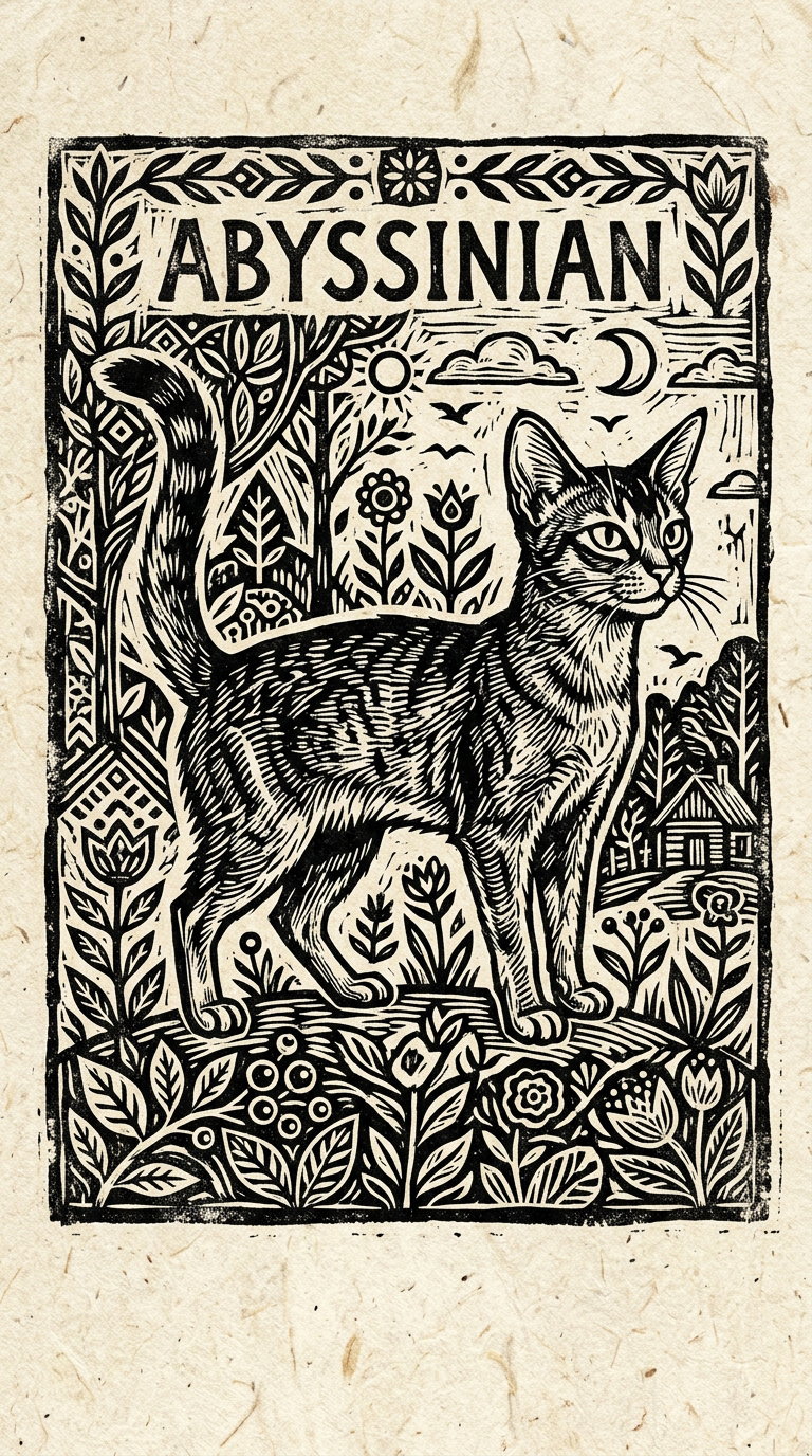 A stylized depiction of an Abyssinian cat standing in a floral landscape.