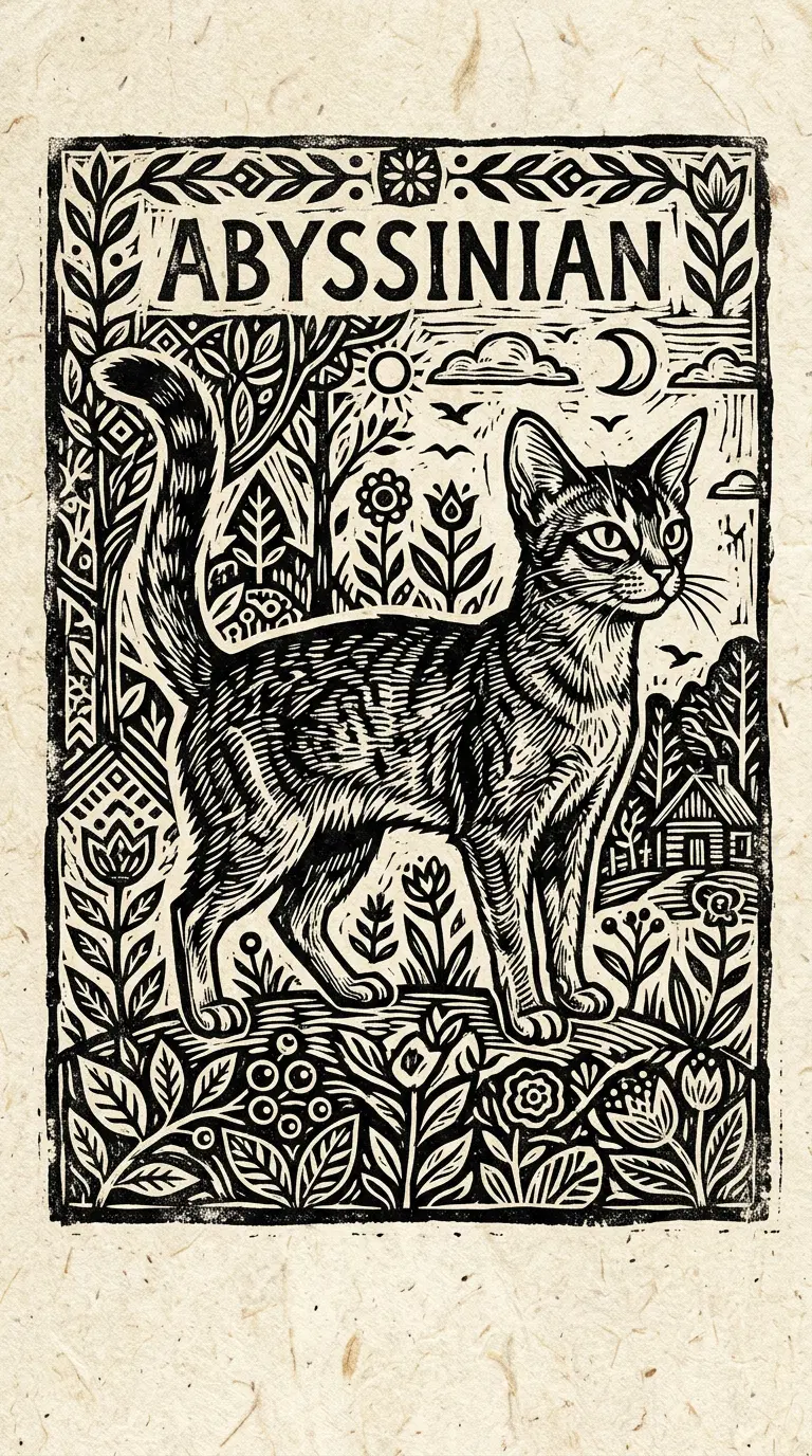 Detailed Illustration of an Abyssinian Cat Amidst Nature