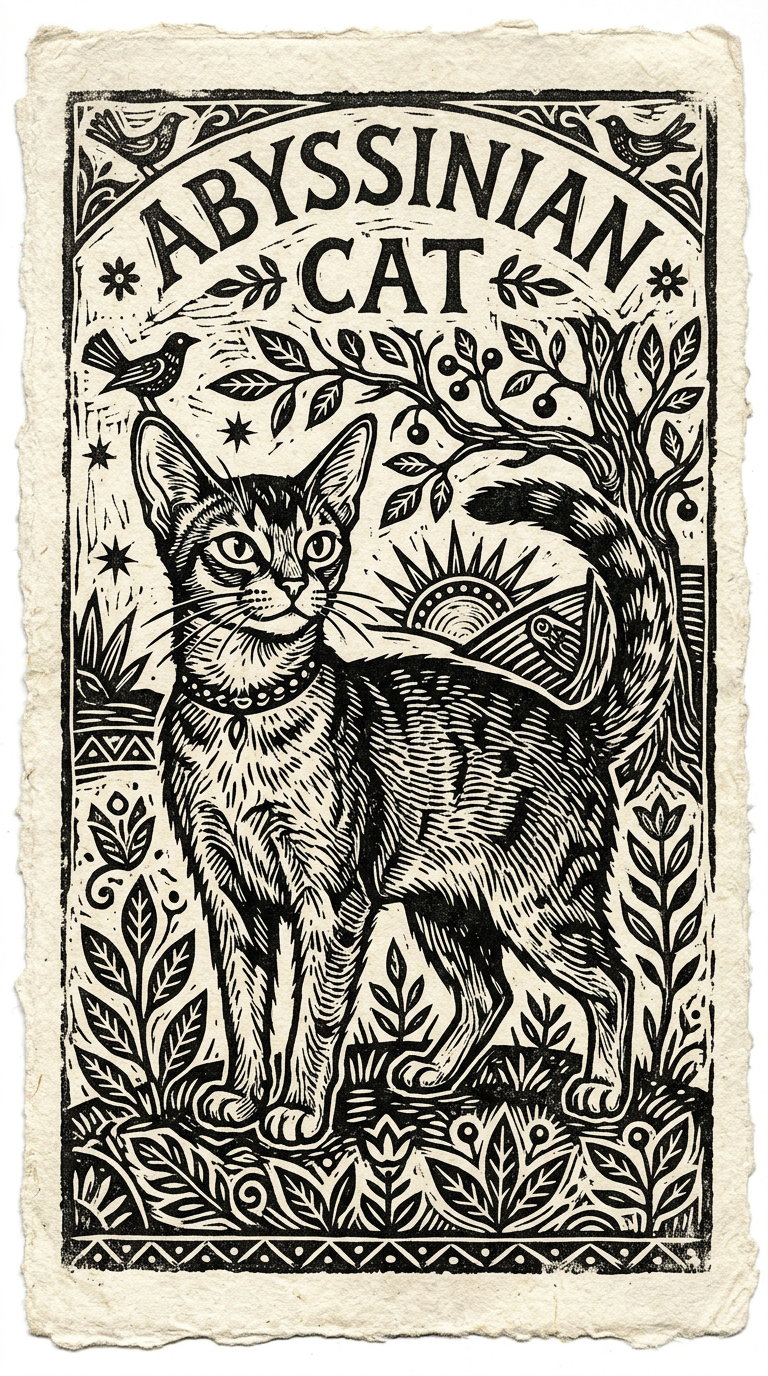 An artistic depiction of an Abyssinian cat with surrounding plants and trees.