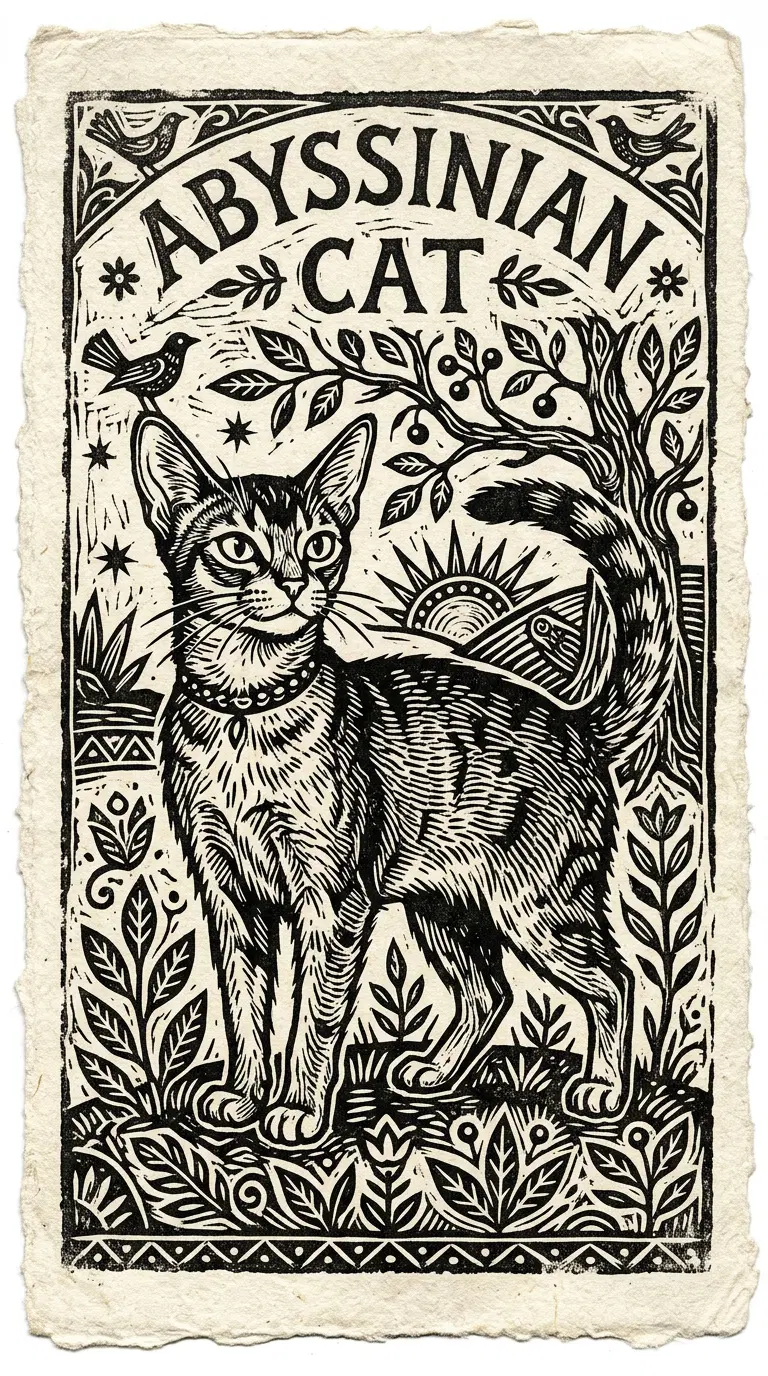 Artistic Illustration of an Abyssinian Cat Surrounded by Nature